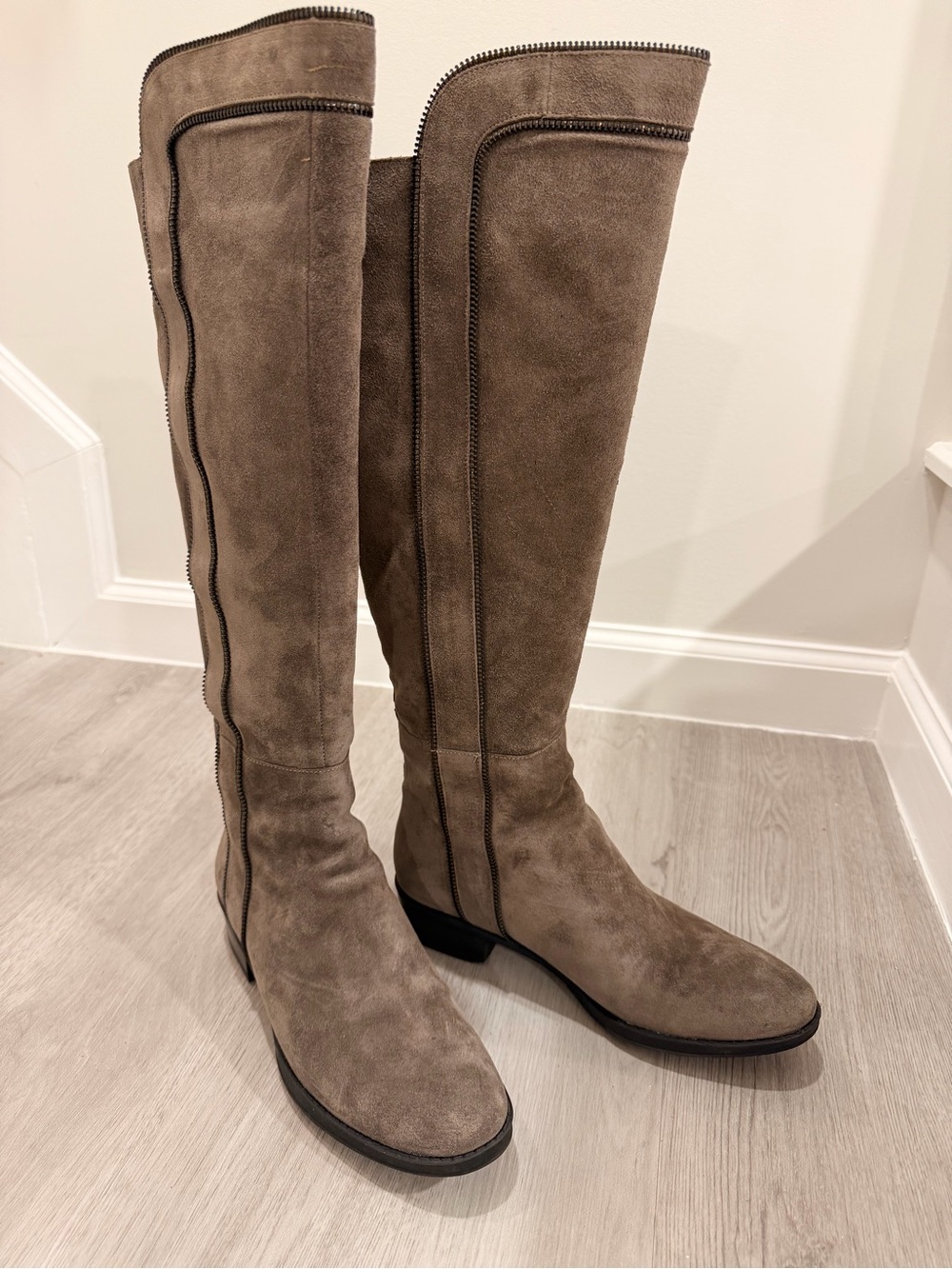 Karl Lagerfeld Paris Women's Mimi Suede Tall Riding Boots Ash Grey Taupe Size 8M